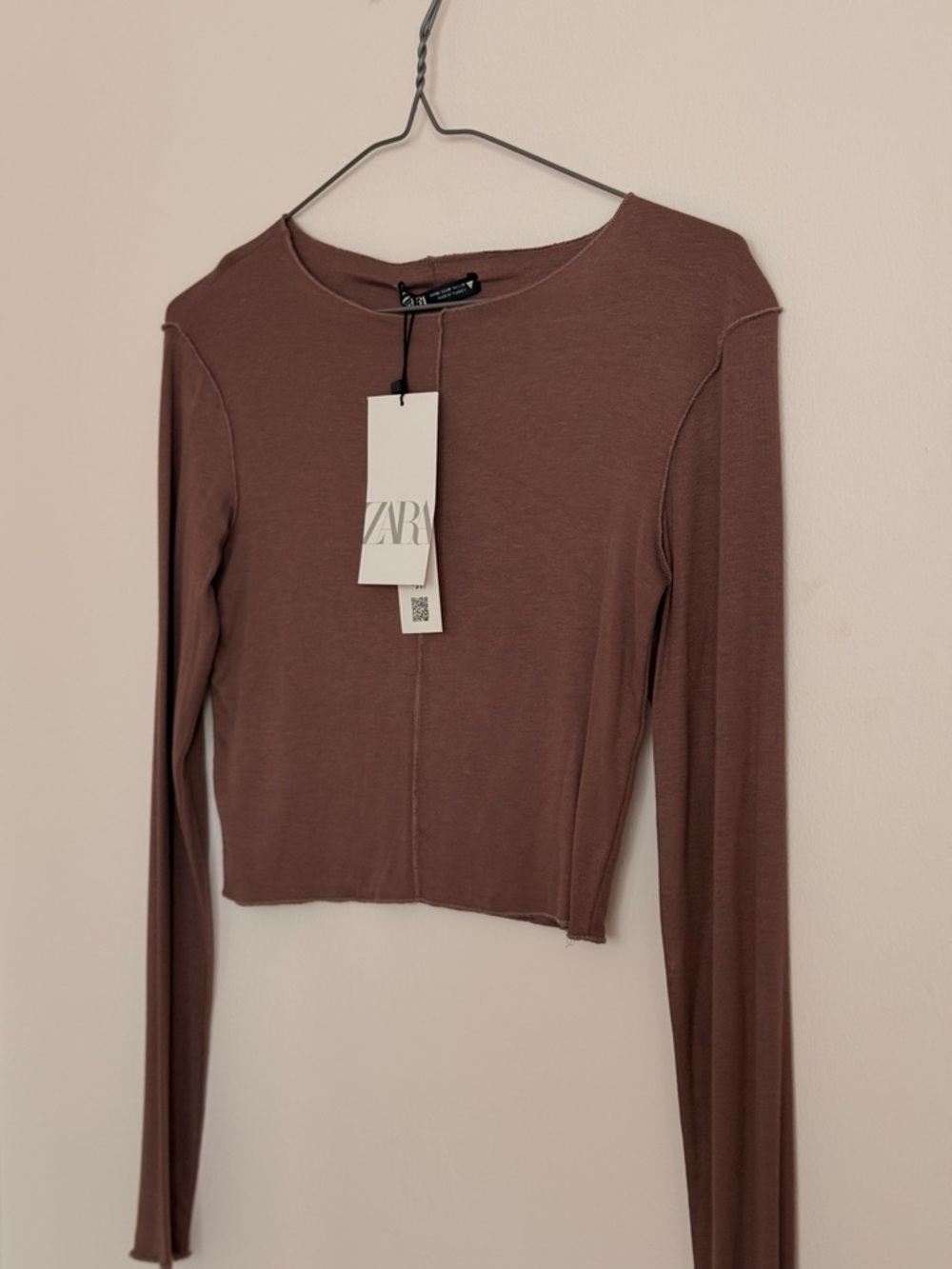 ZARA Mauve Brown Long-Sleeve Fitted Crop Top